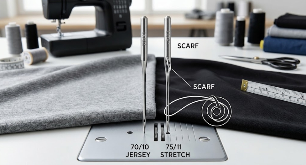 A close-up comparison of a 70/10 Jersey needle and a 75/11 Stretch needle on a sewing machine plate, detailing the unique scarf configuration.