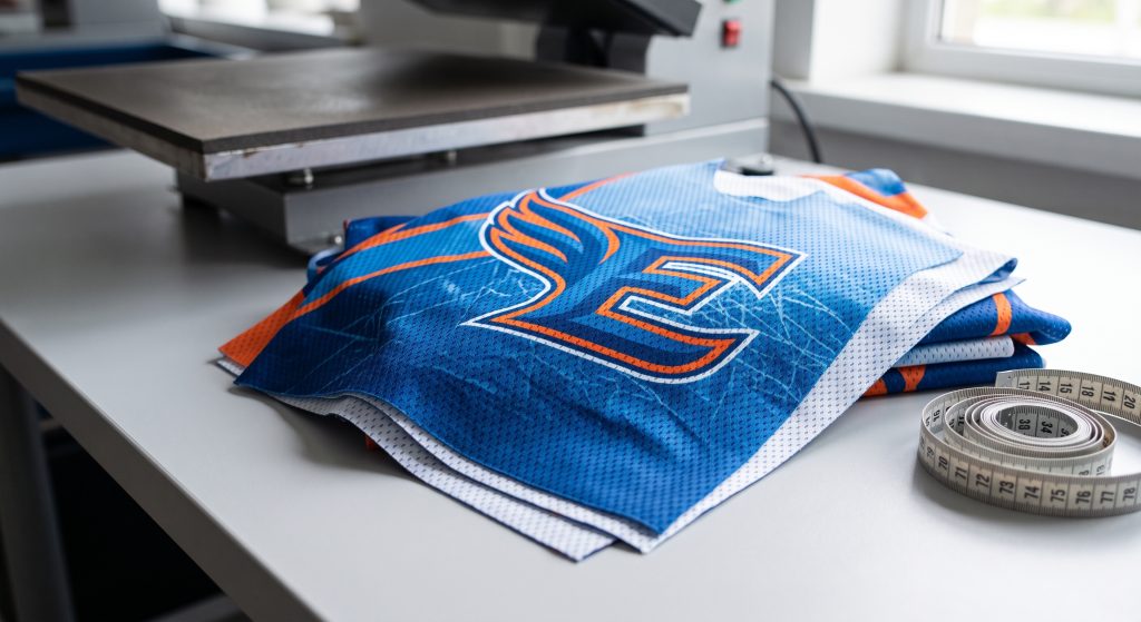 A realistic close-up view of a technical polyester sports fabric panel (suitable for [hobby lobby sports fabric]) with a vibrant blue and orange custom team logo and mesh structure, showing sharp graphic clarity in a practical manufacturing facility with industrial heat press platen.