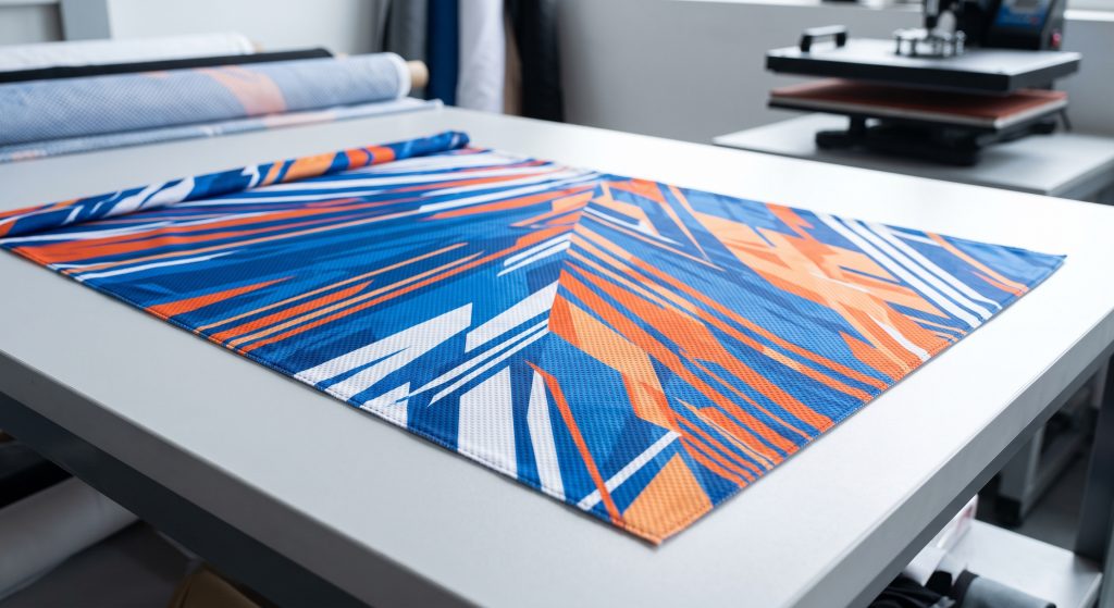 A close-up view of vibrant, sublimated sports print fabric with an abstract pattern and mesh texture, laid out on a clean workbench in an activewear manufacturing studio.
