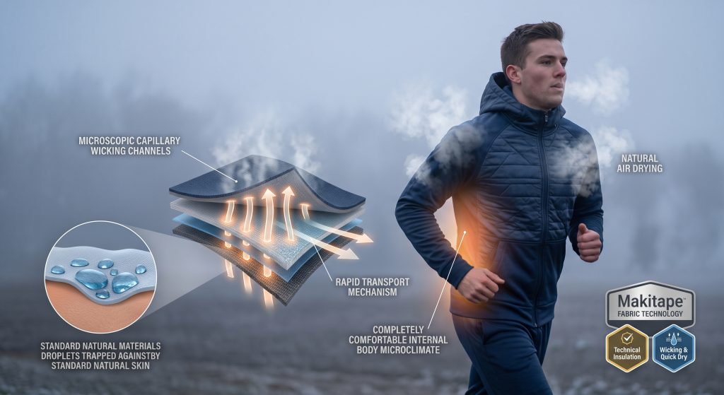 A photographic conceptual demonstration illustrating how sports quilt fabric keeps dry. A running athlete wears a technical hoodie in a cold environment. Conceptual visualizations show microscopic capillary channels pulling sweat vapor from glowing skin and evaporating rapidly on the outer surface, contrasted with conceptual heavy standard cotton. Labels highlight key mechanisms.