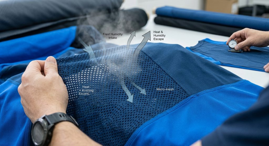 Text: A realistic close-up of a high-performance sports fabric panel (specifically breathable sports fabric panels) showing a complex open-loop knitting techniques micro-mesh structure venting vapor with dynamic airflow overlays in a deep and electric blue design studio.