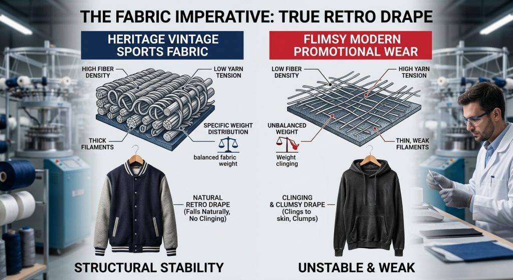 Technical B2B infographic titled 'The Fabric Imperative: True Retro Drape' structurally comparing heritage vintage sports fabric against flimsy modern promotional wear using fiber diagrams and apparel examples.