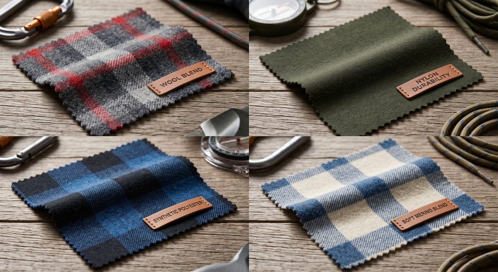 A macro comparative photograph displaying a curated grid of four distinct flannel sports fabric swatches on a textured wood surface: a wool blend in a check pattern, a modern synthetic polyester weave, a durable nylon blend, and a soft merino wool variant. Each swatch has a small label.