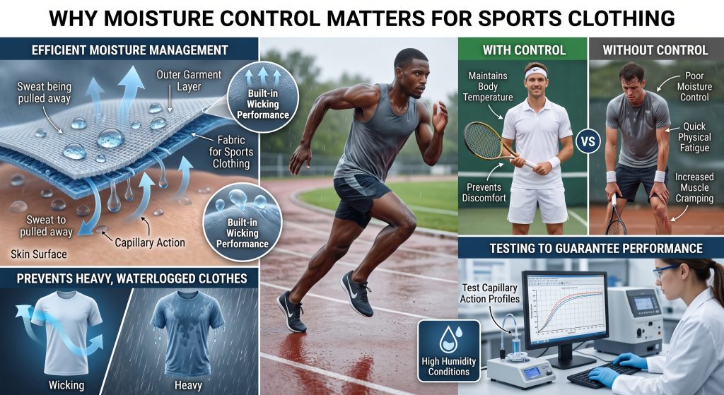 A multi-panel image explaining why moisture control matters for sports clothing. It shows an athlete wicking sweat, with close-ups of efficient wicking versus poor control causing fatigue and cramping. The image also includes a laboratory scene testing capillary action profiles.