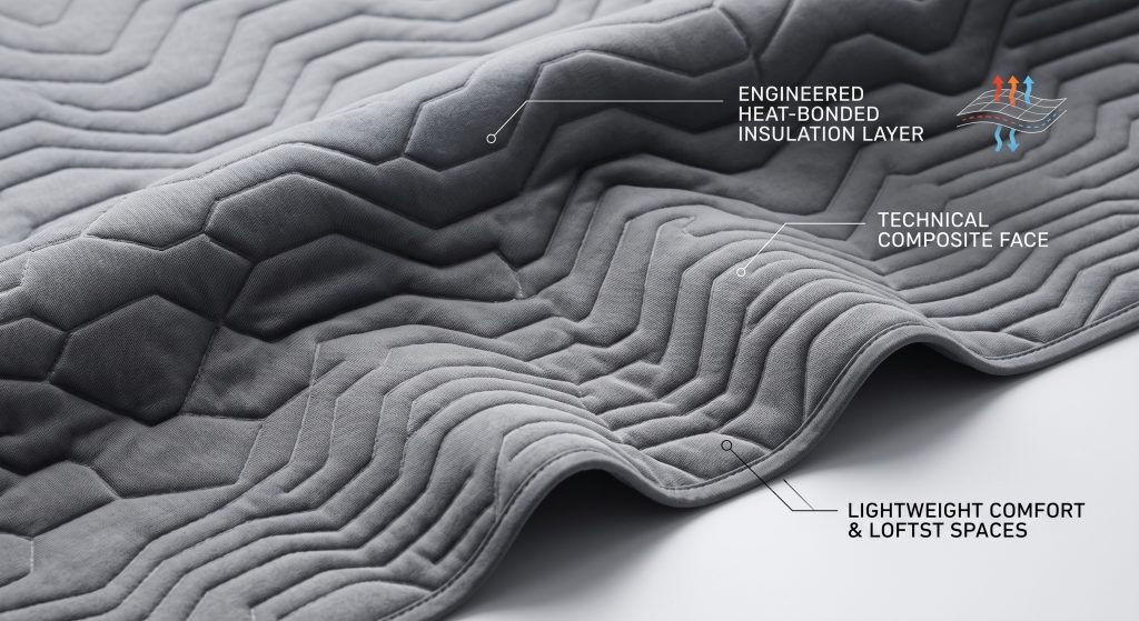 A detailed close-up of dynamic grey technical sports quilting fabric with modern geometric heat-bonded patterns. Small clean labels point to 'Engineered Heat-Bonded Activewear Insulation' and 'Technical Composite Structure'. No people.