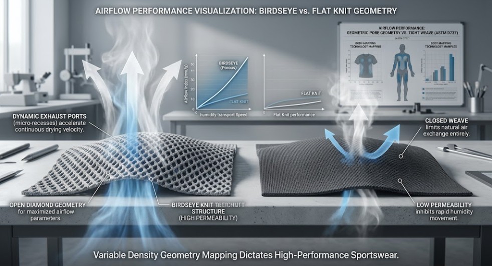 A comparative macro photograph visualizes airflow passing through technical fabrics, contrasting the open diamond micro-recesses of a high-permeability birdseye knit (left) with the dense, tight weave of a restrictive flat knit (right). Visualization arrows show robust upward vapor exhaust and fresh air intake through the birdseye pores, versus minimal penetration and airflow reflection off the flat knit. Labels indicate 'Vapor Exhaust Ports' and 'Restricted Air Exchange' on each.