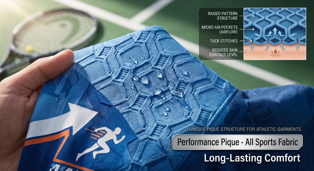Close-up view of an all-sports fabric with a unique Pique structure, highlighting its raised geometry, micro-air pockets, and specialized tuck-stitch texture, designed for dimensional stability and extended comfort in activewear. An inset diagram explains the structure's function: reduced skin contact and micro-air pockets. Background features a soft-focus tennis court. Labels: 'Performance Pique', 'All Sports Fabric', 'Raised Geometry', 'Tuck Stitches'.