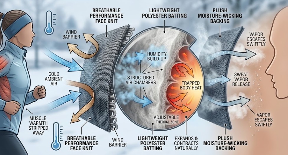 A technical, photorealistic analytical diagram illustrating the three-layer composite structure of specialized polyester sports fabric. Cold blue ambient air is deflected by the breathable face knit. Inside, specialized batting traps radiating body heat within structured air chambers while allowing blue humidity mist to escape swiftly through a plush wicking backing and face knit. No people are in focus.