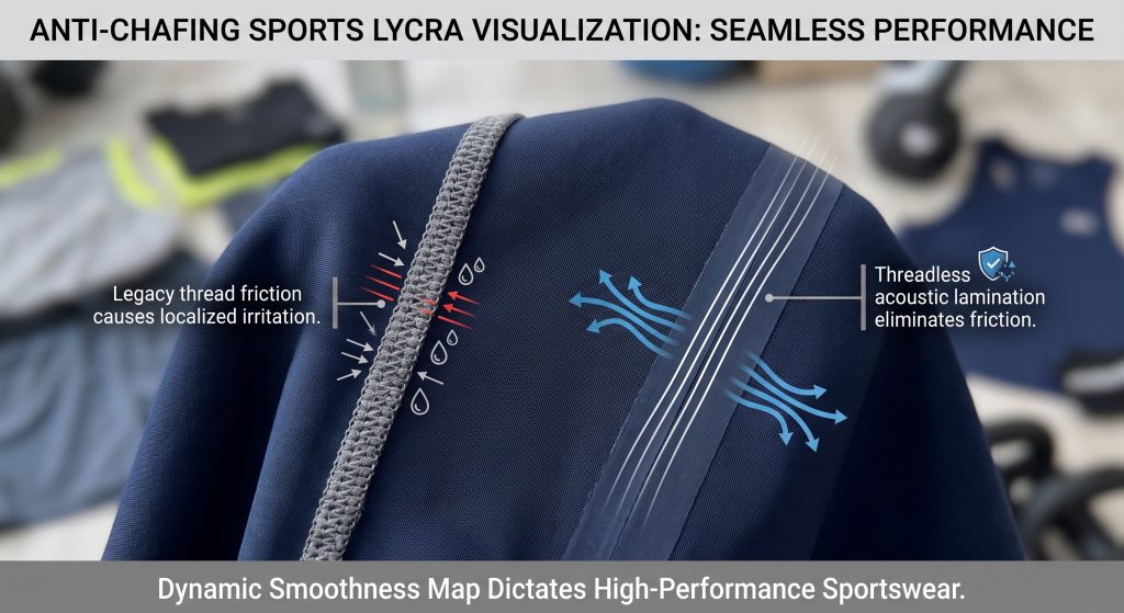 A candid, photorealistic close-up of high-performance technical sports lycra fabric visualizes anti-chafing performance. A rough, traditional sewn cotton thread seam (left) is labeled as having abrasive friction points and trapped sweat, causing irritation. In contrast, a smooth, fused threadless high-frequency acoustic lamination seam (right) is labeled as eliminating friction and providing an absolute protective barrier. Visualization arrows show efficient moisture vapor transport escaping the laminated panel. The background context includes athletic gear in natural diffused daylight. No people are in focus.