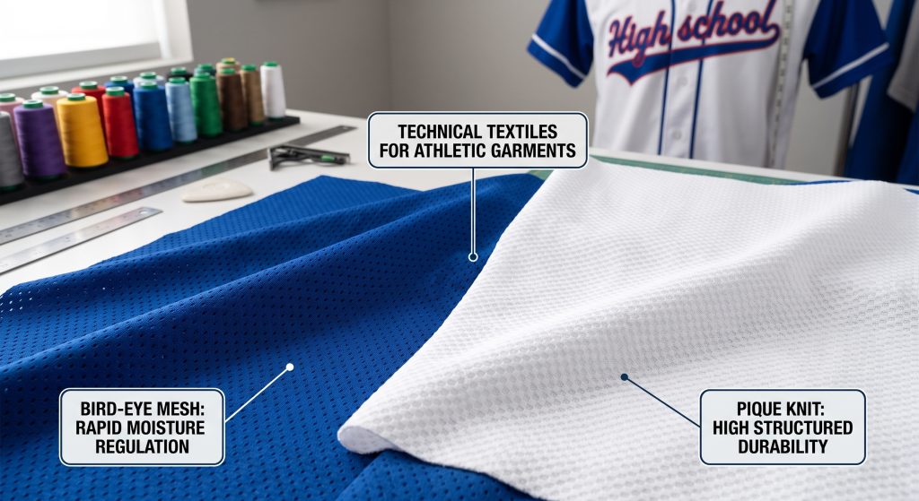 A detailed professional comparison of two technical synthetic baseball fabrics by the yard. On the left is bird-eye mesh, showcasing circular perforations for rapid moisture regulation. On the right is pique knit, with a robust textured weave for high structured durability. Both are high-quality technical textiles for aggressive athletic use.