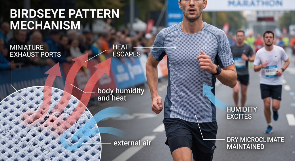An explanatory diagram showing a marathon runner with a magnified view of sports knit fabric with a Birdseye pattern, illustrating heat and moisture escape through miniature pores and cool air influx.