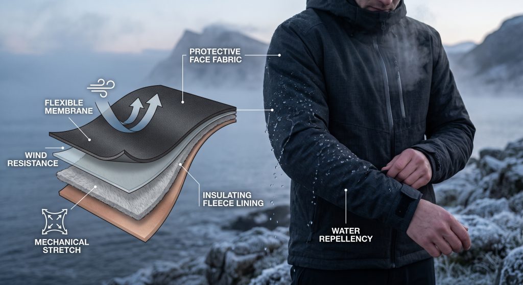 A technical photograph illustrating the layered construction of sports fleece outerwear, showing a tough face fabric, a windproof polyurethane membrane, and soft insulating fleece lining. The membrane layer is highlighted to demonstrate wind and water resistance while maintaining comfort.
