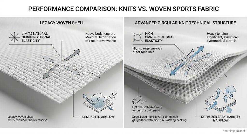 A comparative diagram illustrating the airflow, elasticity, and humidity movement differences between Legacy Woven Shell and Advanced Circular-Knit Technical Structure.
