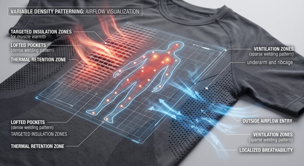 A close-up visualization of an athletic shirt’s variable density patterning, showing technical heat welding patterns and airflow mapping. Arrows indicate outside fresh air entering ventilation zones (sparse patterns) while humidity vapor escapes, contrasting with dense insulation zones (lofted pockets) retaining muscle warmth. Transparent body mapping guides the patterns, labeled 'Targeted Insulation Zone' and 'Strategic Ventilation Zone'.