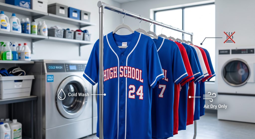 A row of vibrant blue custom high school baseball jerseys hanging on an air-drying rack. The jerseys made of technical mesh are shown under icons illustrating 'Cold Water Wash' and 'Air Dry' to preserve fiber integrity and color sharpness. The correct care protects against heat damage to elastane blends.