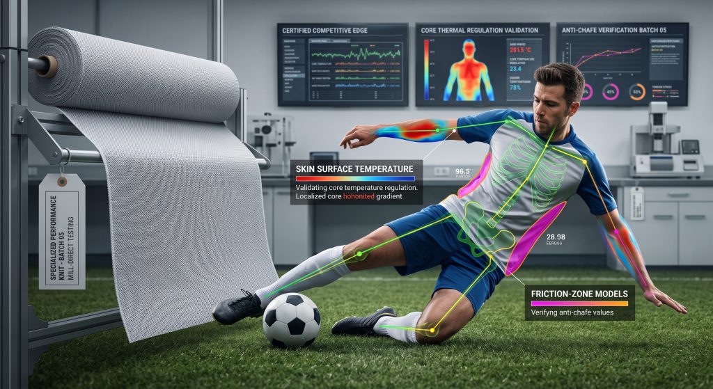 A photorealistic analytical laboratory visualization combining aggressive sports realism with academic analytical overlays in a performance science setting. A male soccer athlete executing a powerful slide tackle wears an engineered team uniform. Integrated digital graphics show performance metrics: skin temperature heat maps validating core thermal regulation, biomechanical skeletal tracking confirming perfect fit, and highlighted friction-zone modeling for anti-chafe verification. A large roll of specialized performance cotton fabric by the yard is visible on a test rack in the background with technical mill data tags and laboratory screens displaying "Certified Performance Edge," illustrating how engineered fabric translates to improved team outcomes on high-stakes competitive fields without futuristic clichés.
