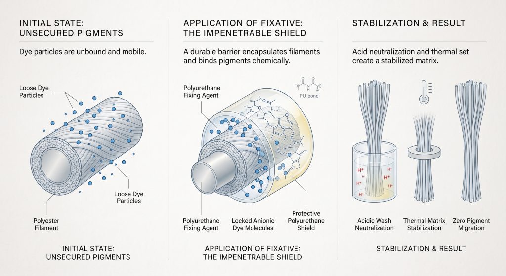 Three-panel scientific diagram illustrating how polyurethane chemical fixatives encapsulate polyester filaments and lock anionic dye molecules to prevent pigment migration.