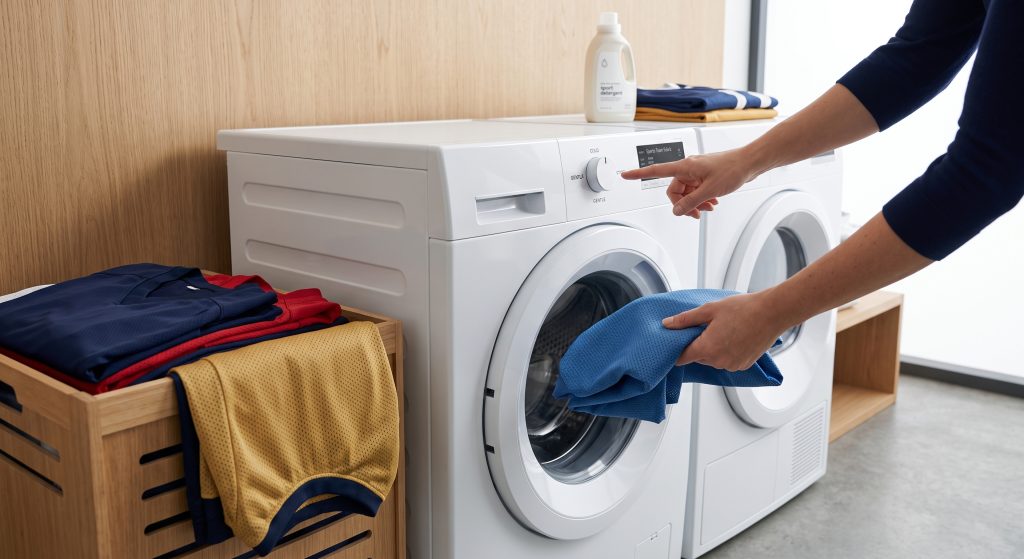 A realistic, minimalistic close-up photograph capturing a clean washing machine drum being loaded with a swatch of blue custom sports team fabric by the yard. A QA professional's hand is visible, gently loading the material while simultaneously adjusting a simple electronic dial explicitly set to 'COLD' and 'GENTLE', illustrating standardized textile care procedures for athletic apparel.