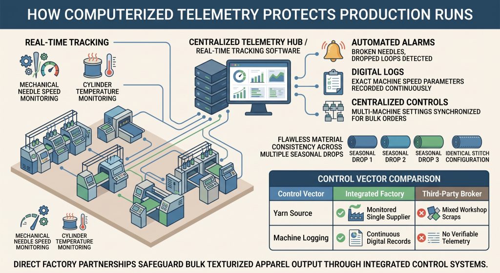 An infographic diagram explaining how computerized telemetry protects textile production runs, featuring a connected factory floor, a centralized telemetry hub, and a control vector comparison between an integrated factory and a third-party broker.