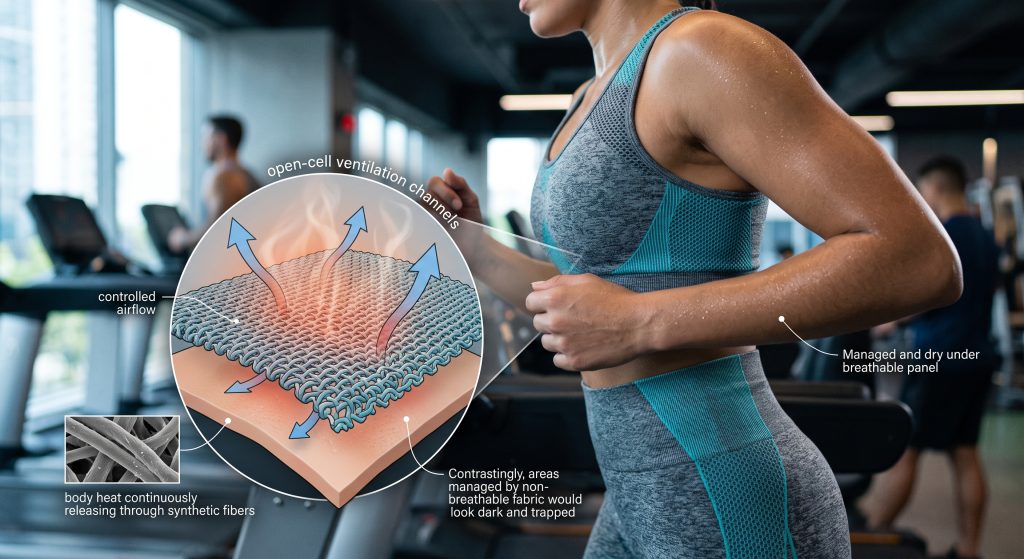 Controlled airflow diagram showing heat rising through open-cell activewear fabric while an athlete exercises in a modern gym. The visual highlights ventilation channels.
