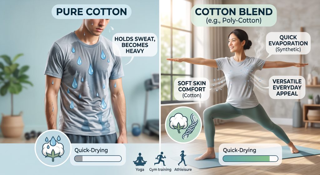 An illustrative diagram comparing the performance of pure cotton versus cotton blend sports t-shirts. The pure cotton section shows a soggy, heavy t-shirt holding sweat, while the cotton blend section shows a person doing yoga, with small droplets wicking and evaporating from a comfortable t-shirt, illustrating soft comfort and quick-drying capabilities. Icons for a cotton boll and synthetic fibers are included.