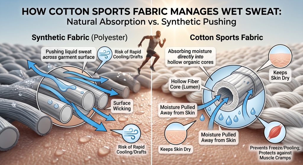 Infographic diagram comparing how cotton sports fabric and synthetic polyester manage sweat. Shows synthetic fibers pushing moisture across the surface, while magnified cotton fibers with hollow cores absorb sweat directly, keeping skin dry during active training.