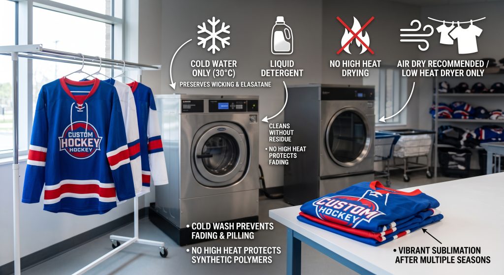A professional photograph inside an athletic facility maintenance room, featuring custom hockey jerseys with vibrant sublimation. Integrated icons show a cold water wash, a liquid detergent bottle, no fabric softeners, no high dryer heat, and an air drying rack, all illustrating proper hockey fabric care.