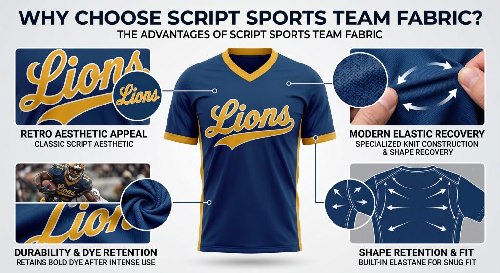 A logical infographic illustrating the benefits of script sports team fabric for custom uniforms. It shows a jersey with cursive lettering and four call-out panels: one magnified view of specialized knit showing elasticity and shape recovery, one showing bold dye retention after athlete action, one illustrating how built-in elastane distributes seam tension for a snug fit, and one highlighting retro aesthetic appeal.