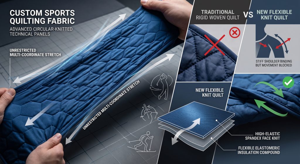 A dynamic close-up photograph illustrating a comparison between restrictive traditional woven quilts and flexible custom sports quilting fabric. A flexible, deep blue circular-knitted panel with a hexagonal pattern is dynamically stretching with arrows indicating multi-coordinate stretch and improved rotational mobility for sports like golf. Labels highlight the elastic spandex face knit and flexible elastomeric insulation compounds. A graphic inset contrasts a crossed-out traditional rigid quilt (showing binding and constraint) with the flexible twisted knit quilt (with a green checkmark), emphasizing enhanced garment stretch performance. Minimalist background. No people.