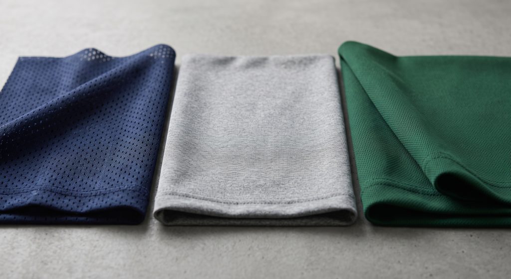 A realistic close-up photograph displaying three distinct types of sports jersey fabric swatches—breathable eyelet mesh, smooth performance polyester jersey, and dense double-knit interlock fabric—arranged neatly on a neutral textured surface, showcasing their different textures and weights.