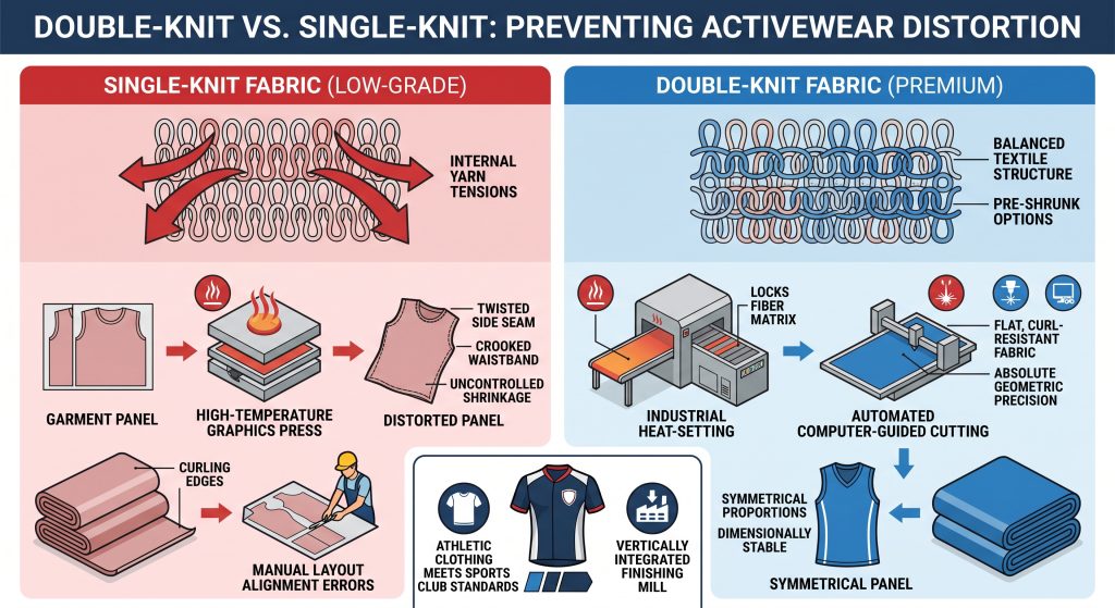 An infographic comparing single-knit and double-knit fabric manufacturing for activewear, showing how double-knit prevents panel distortion, prevents twisting, and enables precision cutting through dimensional stability and heat-setting.