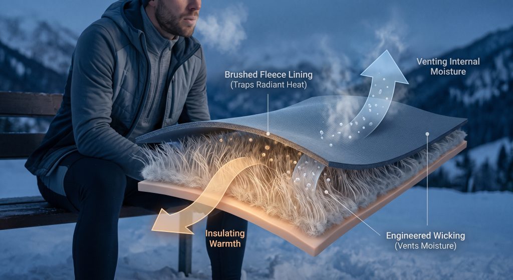 A cross-section visual guide showing dual-layer technical activewear fabric designed for freezing climates. A cutaway highlights the soft brushed fleece interior trapping insulating body warmth, while moisture (sweat vapor/steam) is simultaneously venting outward through the breathable outer layer. The context is an athlete resting in a snowy winter environment to avoid muscle stiffness.