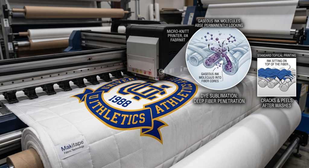 A technical close-up photograph in a manufacturing facility shows a wide-format dye sublimation printer applying a vibrant school logo onto padded, micro-knit sports quilt fabric. An illustrative overlay conceptualizes gaseous inks penetrating deeply into the fiber structure for permanent locking, contrasted with a diagram showing topical printing cracking on the surface.