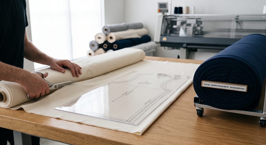 A high-resolution photo from a textile workshop showing a close-up of a designer's hands using shears to cut a specific pattern panel from a roll of cream cotton athletic fabric. A clear acrylic pattern piece is nested tightly to maximize fabric usage, and pristine navy blue fabric rolls are visible in the blurred background, illustrating bulk consistency and minimal waste in custom activewear production.