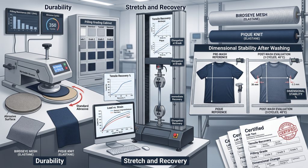 A photorealistic composite image detailing sports fabric durability and stretch testing processes in a laboratory environment, including tensile recovery, pilling resistance, and dimensional stability measurements.