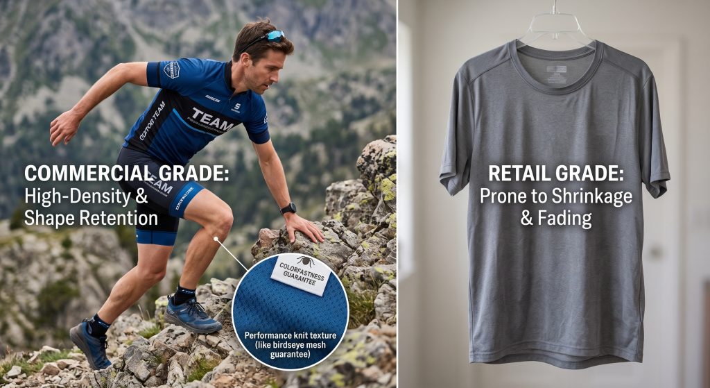 A side-by-side comparison of two swatches of extreme sports fabric: commercial grade and retail consumer grade, with visualizations of breathability and rapid moisture wicking.