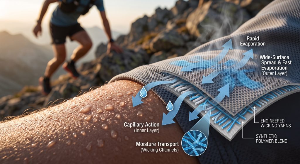 A detailed macro photograph and infographic diagram illustrating how engineered extreme sports fabric handles heavy sweat, showing perspiration wicking through polyester micro-filaments via capillary action to the outer layer for rapid evaporation, keeping athletes dry.