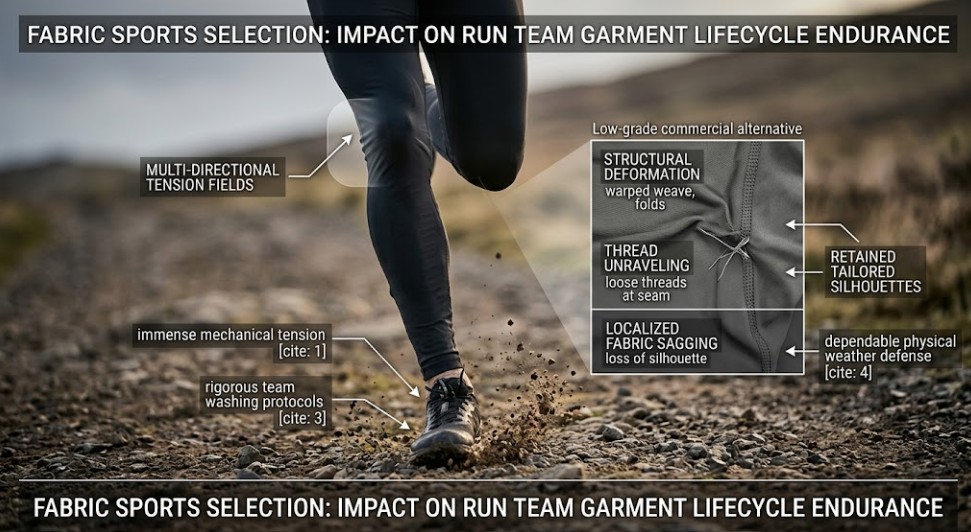 A dynamic, close-up photograph illustrating why fabric sports selection matters for run team garment lifecycle endurance, comparing premium technical fabric against low-grade commercial degradation. Text overlays label forces like multi-directional tension and deformation. There are no figures in focus