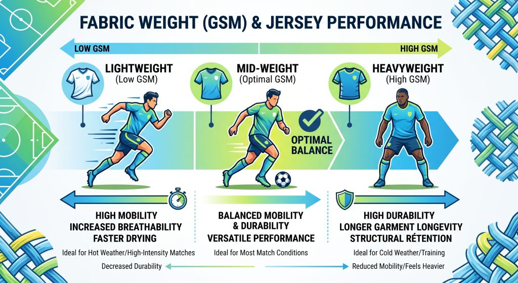 An infographic diagram explaining how fabric weight, measured in GSM, impacts sports jersey performance by comparing lightweight mobility with heavyweight durability.