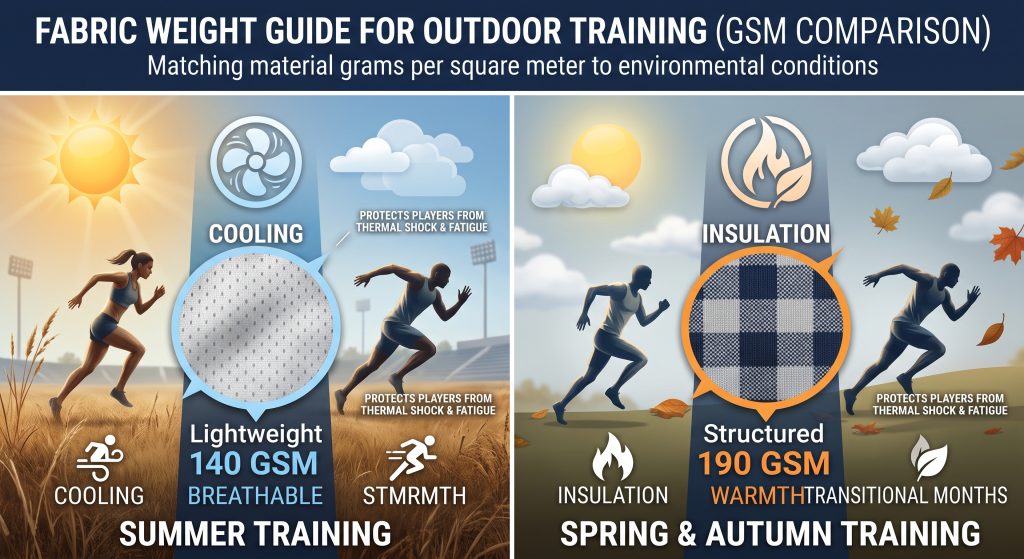 An athletic infographic matrix comparing different fabric weights (GSM) for outdoor training. One panel shows summer training with cooling 140 GSM light mesh. The other panel shows spring/autumn training with insulated 190 GSM structured knit. Includes athlete icons, climate symbols, and fabric swatches.