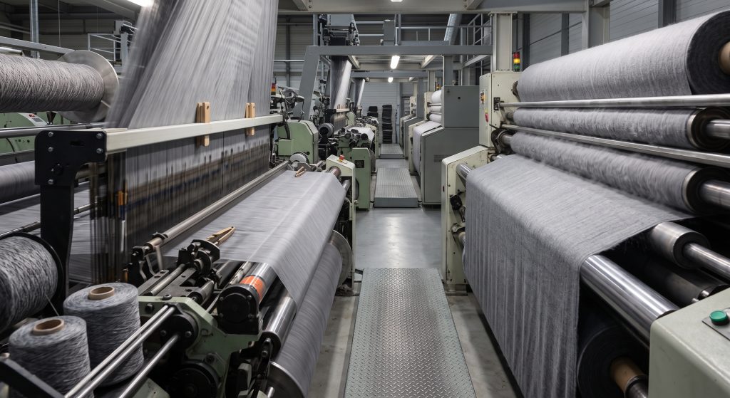 A dynamic industrial photograph inside a textile mill showing a automated loom weaving synthetic yarn followed immediately by a mechanical brushing machine raising micro-fibers to create the signature insulating nap on grey flannel sports fabric.