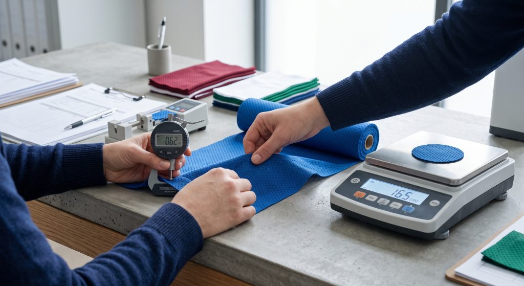 A realistic close-up photograph set in a clean textile laboratory, showing a QA professional's hands operating a precision digital thickness gauge and a compact electronic balance scale to inspect a swatch of textured blue sports team fabric by the yard. The setting is minimal, emphasizing standardized testing and quality control for athletic apparel procurement.