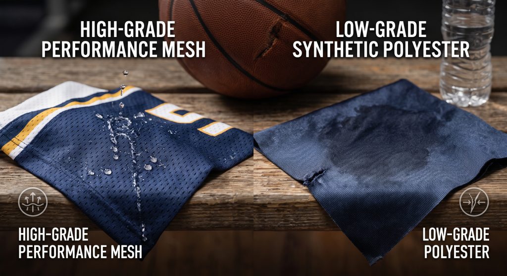 Close-up comparison of breathable moisture-wicking basketball mesh fabric next to dense non-breathable polyester with trapped sweat and a torn seam, highlighting performance differences.
