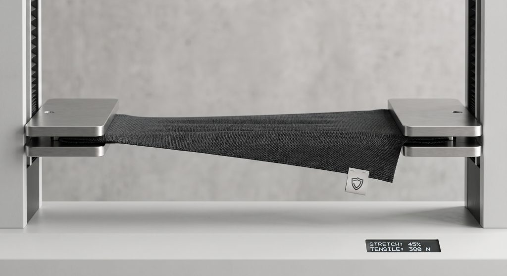 A charcoal grey premium athletic knit fabric sample undergoes a tensile stretch and strength test within a clean, minimalist materials testing machine, clamped between brushed stainless steel plates in a modern factory laboratory setting.