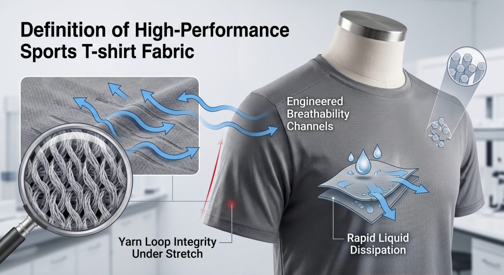 A diagram illustrating high performance sports t-shirt fabric features, including engineered breathability channels, moisture wicking capabilities, and yarn loop integrity under stretch, demonstrated on an athletic grey t-shirt.