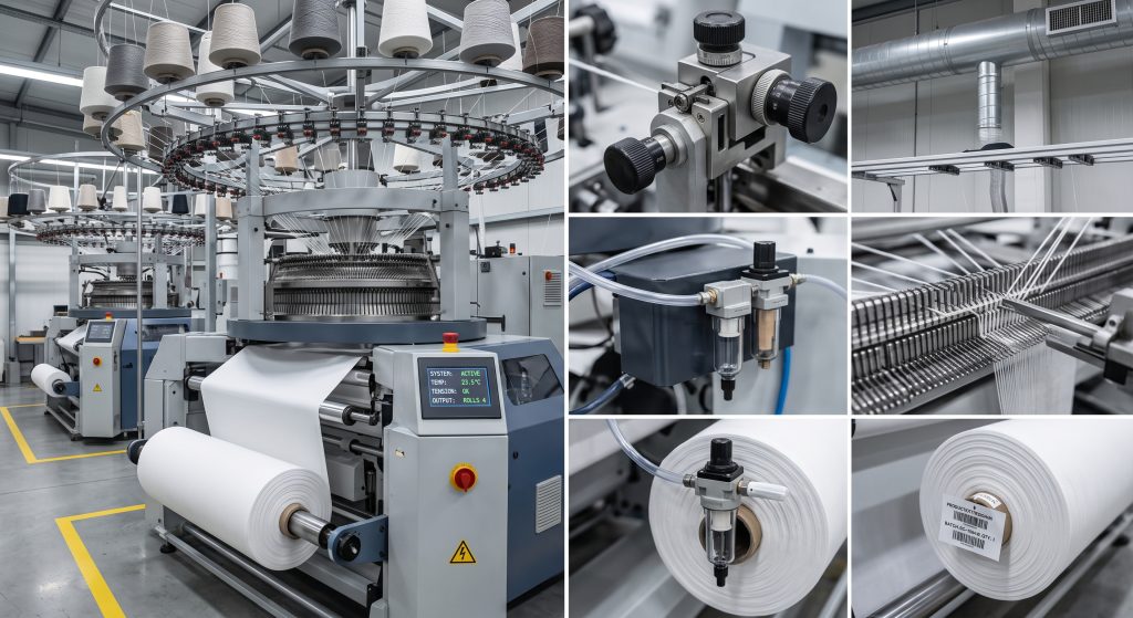 Industrial photograph showcasing a modern textile mill with automated circular knitting machines producing premium sports cotton fabric under strict quality control. The image highlights synchronized operations, precision needle tension calibration, sterile factory environment, and digital tracking labels on fabric rolls to ensure flawless, high-performance material for activewear.