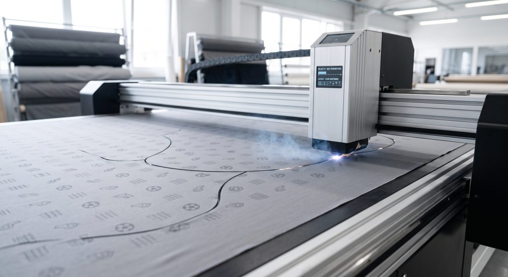 A close-up, photorealistic photo shows a computer-controlled laser cutter rapidly slicing grey athletic knit fabric with repeating small geometric sports icons (whistles, soccer balls) and grid patterns. The fabric lies perfectly flat and smooth on a vacuum bed in a modern, sunlit manufacturing facility, demonstrating dimensionally stable materials and automated cutting blades operating at peak velocity for efficient uniform production.