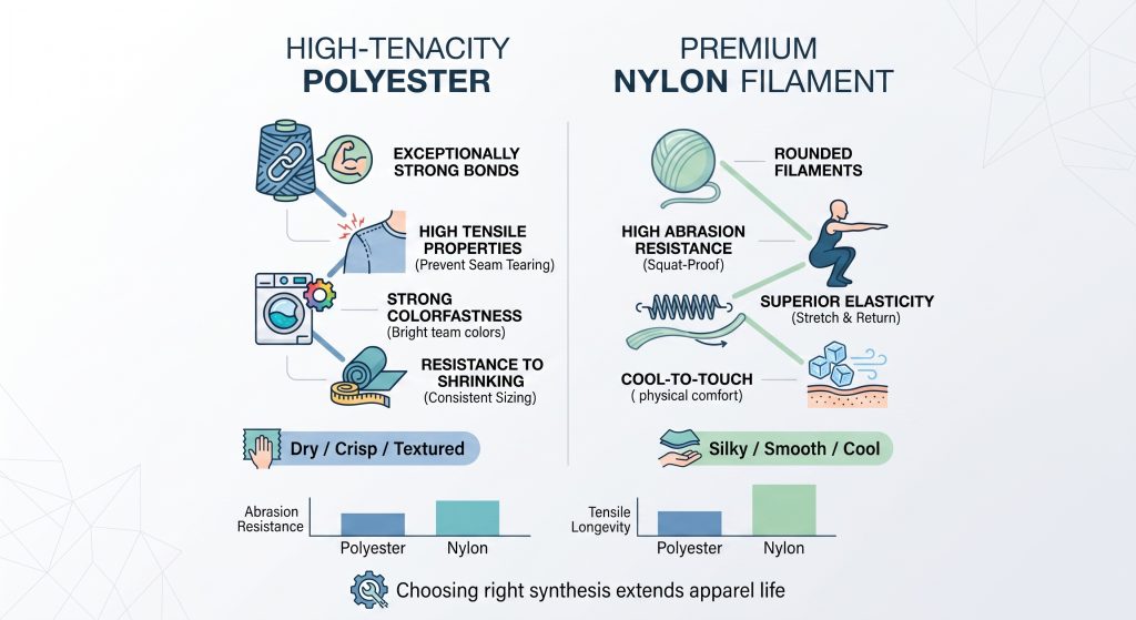 Infographic comparing high-tenacity polyester and premium nylon filament for sports fabrics, detailing durability, abrasion resistance, and tensile strength.
