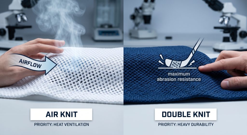 Close-up comparison of synthetic technical hockey fabric swatches. The left side shows breathable Air Knit mesh with airflow, labeled for heat ventilation. The right side shows dense Double Knit weave, labeled for heavy durability and abrasion resistance.