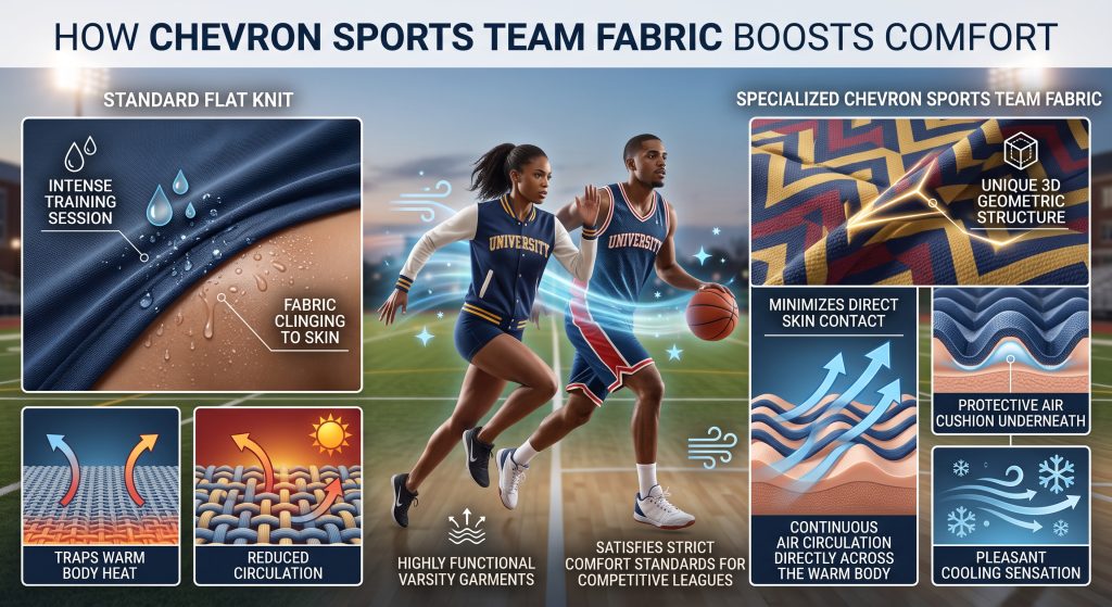 A side-by-side comparison diagram illustrating how standard flat knits cling to sweaty skin and trap heat, versus specialized chevron sports team fabric which utilizes a unique 3D geometric structure to minimize direct skin contact, create a protective air cushion underneath, and enable continuous air circulation directly across the warm body for a pleasant cooling sensation in highly functional varsity garments.
